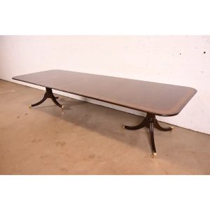 Baker Furniture Stately Homes Georgian Banded Mahogany Double Pedestal Extension Dining Table | Newly Refinished