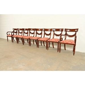 Baker Furniture Style English Regency Carved Mahogany Dining Chairs, Set of Eight