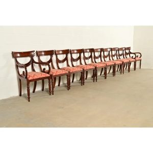 Baker Furniture Style English Regency Carved Mahogany Dining Chairs, Set of Ten