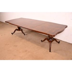 Baker Furniture Style French Regency Walnut and Burl Wood Double Pedestal Extension Dining Table, Newly Refinished