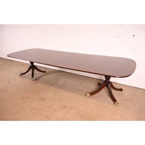 Baker Furniture Style Georgian Mahogany Double Pedestal Extension Dining Table, Newly Refinished