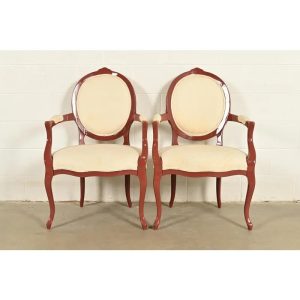 Karges Style French Provincial Louis XV Brown Lacquered Armchairs, Pair