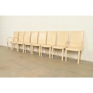 Mario Bellini Style Italian Modern Cream Leather Wrapped High Back Dining Chairs, Set of Eight