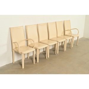 Mario Bellini Style Italian Modern Cream Leather Wrapped High Back Dining Chairs, Set of Six