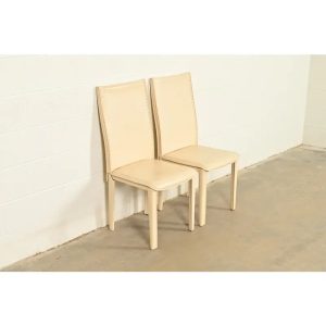 Mario Bellini Style Italian Modern Cream Leather Wrapped High Back Side Chairs or Dining Chairs, Pair