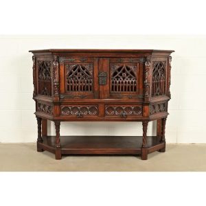Antique French Gothic Revival Oak Bar Cabinet With Carved Figures, Circa 1890s
