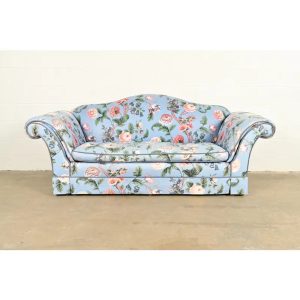 Baker Furniture English Traditional Floral Upholstered Roll Arm Camelback Sofa