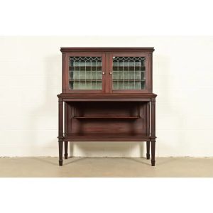Charles Rohlfs Antique Arts & Crafts Carved Mahogany Sideboard or Bar Cabinet With Leaded Glass Doors, Circa 1900