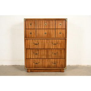 Drexel Heritage Mid-Century Modern Hollywood Regency Campaign Walnut Highboy Dresser, 1970s