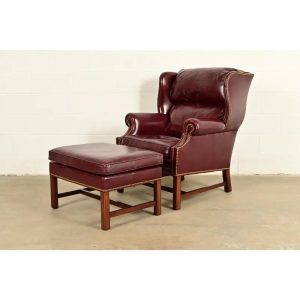 Hancock & Moore Chippendale Wingback Leather Lounge Chair With Ottoman