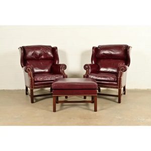 Hancock & Moore Chippendale Wingback Leather Lounge Chairs With Ottoman