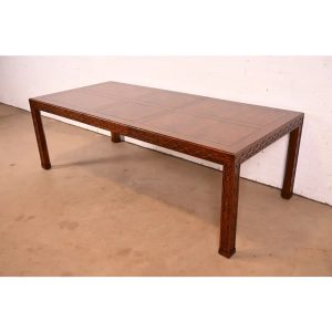 Henredon Mid-Century Modern Hollywood Regency Oak and Burl Wood Extension Dining Table, Newly Refinished
