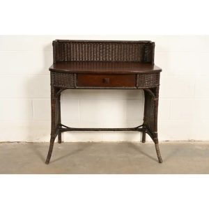 Heywood-Wakefield Antique Arts & Crafts Mission Oak & Rattan Wicker Writing Desk | Circa 1890s