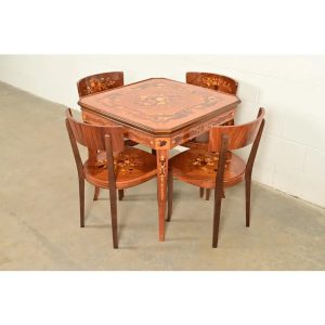 Italian Louis XVI Kingwood Inlaid Marquetry Flip Top Game Table With Four Chairs