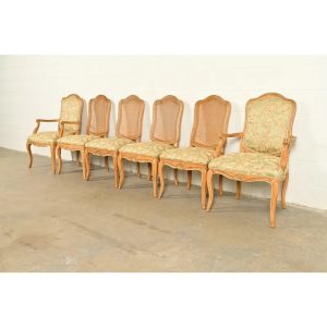 John Stuart French Provincial Louis XV Carved Oak and Cane Back Dining Chairs, Set of Six