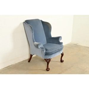 Kindel Furniture Chippendale Carved Mahogany Blue Velvet Upholstered Wingback Lounge Chair