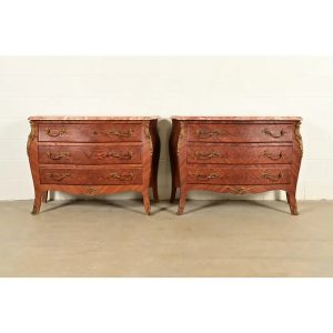 Paul Sormani Style Antique French Provincial Louis XV Kingwood Inlaid Marquetry Marble Top Commodes With Mounted Ormolu | Pair