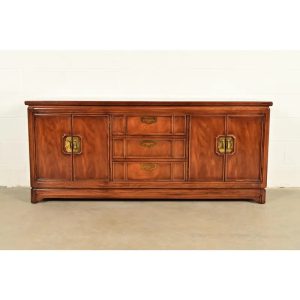 Thomasville Mid-Century Hollywood Regency Chinoiserie Walnut Long Dresser or Credenza, Circa 1970s