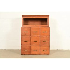 Antique Mission Oak Arts & Crafts 9-Drawer File Cabinet With Barrister Bookcase, Circa 1900