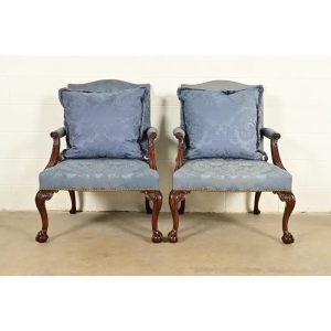 Kittinger Chippendale Carved Mahogany Open Arm Library Chairs | Pair