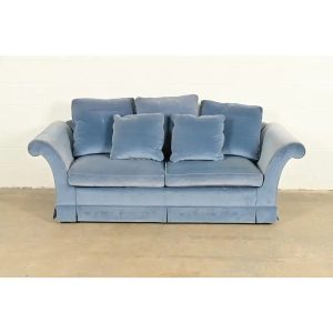 Baker Furniture Blue Velvet Upholstered Roll Arm Sofa