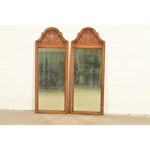 Henredon Style Mid-Century Hollywood Regency Carved Fruitwood Tall Wall Mirrors, Pair