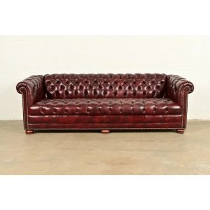 Hancock & Moore Style English Oxblood Tufted Leather Chesterfield Sofa | Circa 1980s