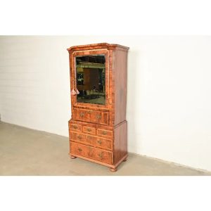 18th Century Antique English William & Mary Banded Walnut Mirror Front Secretary Desk With Bookcase Hutch