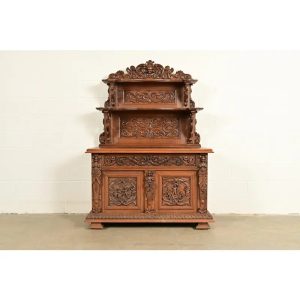 Alexander Roux Style French Renaissance Revival Carved Oak Sideboard or Bar Cabinet, Circa 1890s