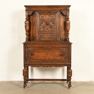 Bernhardt Furniture Antique English Jacobean Carved Oak Bar Cabinet, Circa 1930s