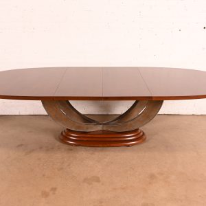 Henredon Art Deco Ash and Burl Wood Parquet Top Pedestal Extension Dining Table, Newly Refinished