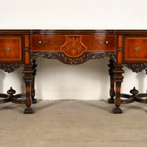 Antique Victorian Renaissance Revival Carved Mahogany Inlaid Marquetry Sideboard by Rockford Furniture, Circa 1920s