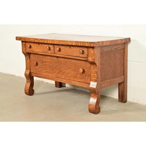 Antique American Empire Carved Tiger Oak Lowboy Dresser, Circa 1900