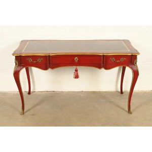 John Widdicomb French Louis XV Red Lacquered Leather Top Bureau Plat Desk With Mounted Bronze Ormolu