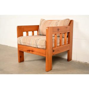 Mid-Century Modern Knotty Pine Lounge Chair With Southwest Upholstery, Circa 1960s