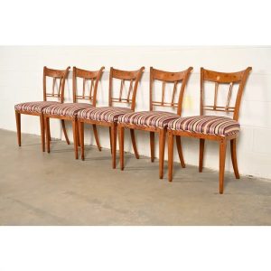 Antique Italian Regency Fruitwood Inlaid Marquetry Dining Chairs, Set of Five