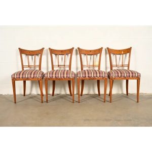 Antique Italian Regency Fruitwood Inlaid Marquetry Dining Chairs, Set of Four