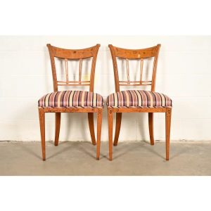 Antique Italian Regency Fruitwood Inlaid Marquetry Side Chairs or Dining Chairs, Pair