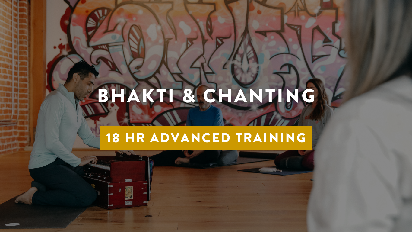 image of yoga teacher with words Bhakti & chanting yoga teacher training