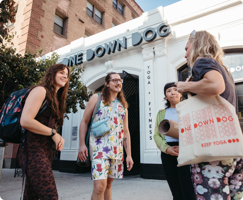 Students meeting outside One Down Dog East Hollywood LA to take a group yoga class