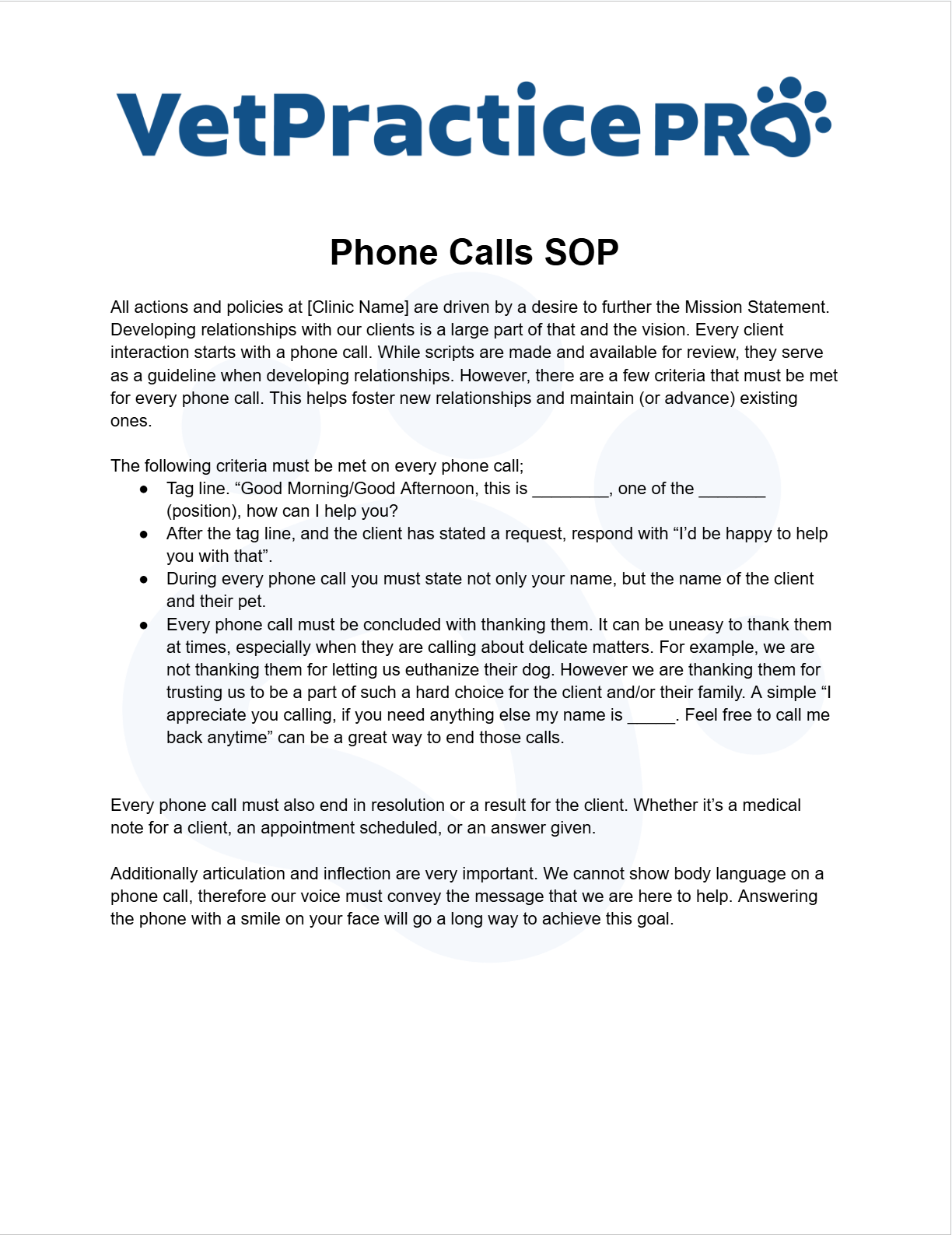 Phone Calls SOP